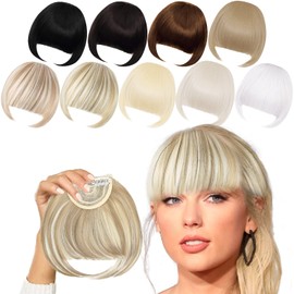 XRACEPHOL Blonde Bangs Clip in Thick Natural Full Front Neat Bangs Straight Fringe Bang with Temples One Piece Hairpiece (Blonde and Light Blonde Mixed)