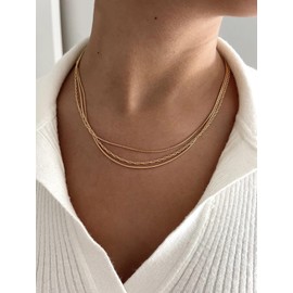 CONRAN KREMIX Waterproof Gold Necklace Layered Necklaces for Women Non Tarnish,18k Gold Plated Stainless Steel Dainty Stack Thin Chain Necklace Set for Women Gifts Jewelry, 14.8, Stainless Steel, No