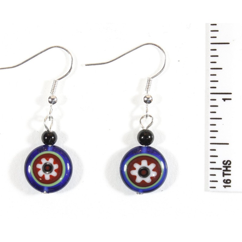 "Flower Power" Blue and Red Boho Millefiori Earrings, Dangle 1.25