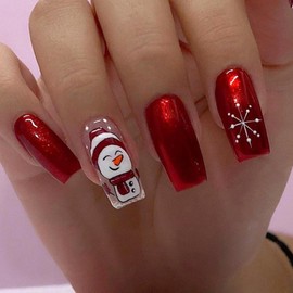 Christmas Press on Nails Cute Snowman Snowflake Design Fake Nails Glossy Red Solid Color False Nails with Glue on Nails Medium Square Artificial Nails Reusable Stick on Nail for Women Holiday Manicure