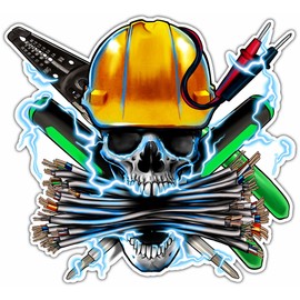Electrician Skull Hard Hat Sticker - Electricity Car Bumper Vinyl Sticker Decal for Vehicles Laptops Windows and Toolboxes for Vehicles Boats Laptops Windows Skateboards and Luggage - Stickers for Men and Women 4.5" ss25