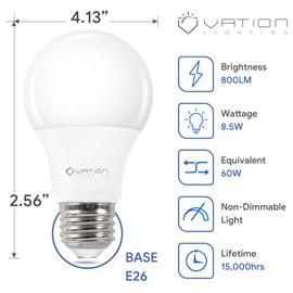 VATION LIGHTING A19 LED Light Bulbs 3000K Warm White, 60 Watt Equivalent, Efficient 8.5Watt, 800 Lumens, E26 Medium Base, Non-Dimmable, ETL/UL Listed, 12 Pack