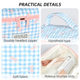 Kimiyaki 3 PCS Quilted Makeup Bag Set,Cotton Cosmetic Bag,Aesthetic Plaid Bow Toiletry Bag for Women,Travel Organizer Bag with Zipper(Blue)
