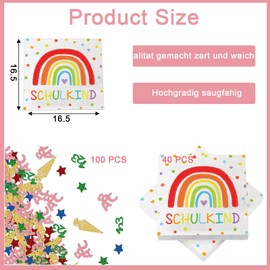 40 Stück Servietten Einschulung Regenbogen, Schulkind 2025 Mädchen, Einschulung Deko, 3er Set Mit Servietten Und Konfetti, Perfekt Für Schulanfang Mädchen Und Regenbogen Party, 16,5 x 16,5 cm