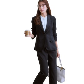 Nissen Women's Suit Tailored Jacket Pants Suit (Jacket + Straight Pants), Black