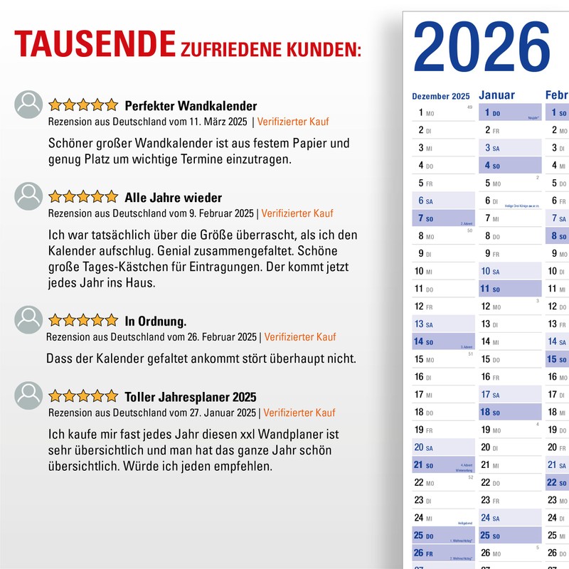 Yohmoe® XXL Wall Calendar 2026 Large (98 x 68 cm)