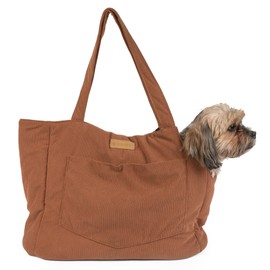 NoblePup Corduroy Dog Carrier - Lightweight Cotton Soft-Sided Pet Tote with Safety Harness Clip - Breathable Travel Carrier for Small Dogs and Puppies (Brown)