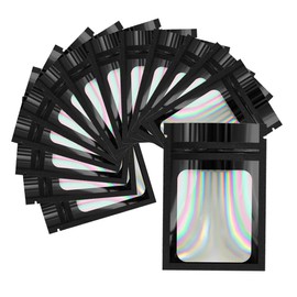4CP 100 Pcs 4x6 Inch Holographic Mylar Bags with Clear Window, Black Zipper Packaging Bags for Food Storage, Odor Foil Pouch for Lipgloss & Jewelry Eyelash Packaging for Small Business