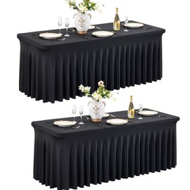 Black 6FT Spandex Tablecloth for 6FOOT Rectangle Tables, 2 Pack Stretchy Wrinkle Free Table Cloths for Parties Wedding Birthday Baby Shower