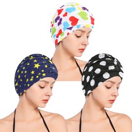 CENZICOM Women Nylon Swim Caps, Fabric Cloth Pleated Elastic Swimming Cap Bathing Cap Swim Hats for Thick Curly Long Short Hair,3 pcs (Star+Heart+Dot)