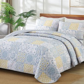 Dobuyly Queen Quilt Set 3 Pieces, Blue/Yellow/Grey Patchwork Bedspreads, Boho Summer Coverlet Set, Soft Lightweight Microfiber Bedding Set for All Seasons 96"x90"