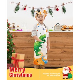 WERNNSAI Dinosaur Apron Set - Waterproof Chef Artist Cooking Aprons for Kids Boys Kitchen Bib with Adjustable Strap Pocket Chef Hat and Mittens for Baking Painting Party (Small, 6-10 Years)