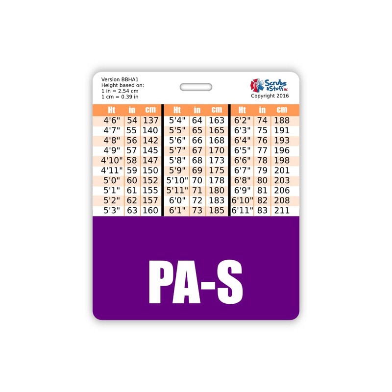 PA-S Badge Buddy Horizontal w/Height & Weight Conversion Charts (Oversized,