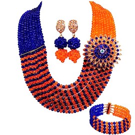 aczuv 8 Rows African Bead Necklace Jewelry Set for Women Nigerian Wedding Bridal Jewelry Sets (Royal Blue Orange)