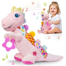 Baby Musical Plush Dino Toy for 0-3-6-12+ Months,Activity Soft with Rattle,Squeaker,Crinkles Sound Paper,Teether & Textures,Infant Dinosaur Tummy Time Toys Gifts for Newborn Toddler Girls (Pink)