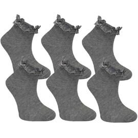 COSHAL® 6 Trim Frilly Lace Ruffled Girls Socks School Ankle Socks, Girls Soft Back to School Trainer Dance Sock's Ankle Trim School's Uniform Sock Size 9-12, Grey