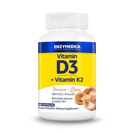 Enzymedica Enzymedica, Organic Vitamin D3+K2, 5,000 IU VIT D3 & 90 mcg VIT K2 MK-7, with Shitake Mushrooms & Prebiotic Fiber, Vegan, 60 Count