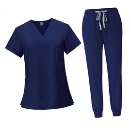LOVIVER Female Scrub Set Nurse Workwear V Neckline Professional Machine Washable Top and Joggers Pant Work Clothing for Beauty Center, Navy Blue, S