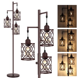 68" Farmhouse Floor lamp, Dimmable Industrial Floor Lamps for Living Room, 3 Light Rustic Standing Tall Lamp Including 3 PCS 6W E26 Bulbs, Tree Floor Lamp for Bedrooms Room, Office, Bar, Brown