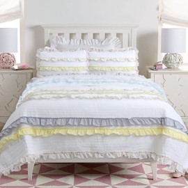 Cozy Line Home Fashions Ruffle Floral Blue Yellow Grey Stripe Reversible Cotton Quilt Bedding Set