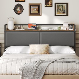 YATINEY Queen Size Headboard Only, Upholstered Queen Headboard with Charging Station, Head Board with Open Storage, Height Adjustable, Vintage Style, Sturdy and Stable, Rustic Brown, Gray and Black
