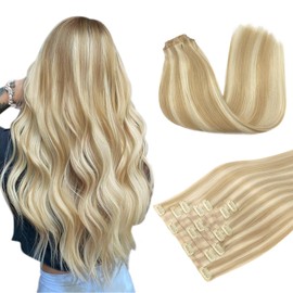 DOORES Seamless Clip in Hair Extensions Real Human Hair, Dark Blonde Highlighted Bleach Blonde 110g 18 Inch 7pcs, Human Hair Extensions Seamless Clip in Hair Extensions Remy Straight Hair