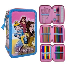 CARTOON 44 Pcs Multi Compartment Pencil Case with 3 Zippers for School Pencils Crayons Felt Tip Pens Giotto, Princesses, pencil case