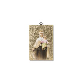 Fratelli Bonella | Sacred Picture on MDF Poplar Wood 8 mm with Mosaic Made of Gold Foil of the Madonna des Carmen with Prayer Chain on the Back 10 x 15 cm | Made in Italy