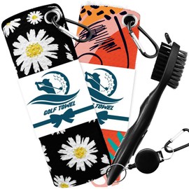 Golf Towel 2 Pack with Golf Club Brush 16" x 16" Soft Absorbent Microfiber Towels for Golf Bags for Men Women Convenient Golf Clubs Cleaning Kit (Black&Orange+Brush)