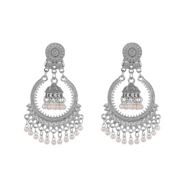 Pearl Hollow Circle Bead Tassel Dangle Drop Earrings for Women Boho Retro Indian Jhumki Bell Lightweight Dangling Flower Round Disc Stud Hypoallergenic Fashion Jewelry Gifts (Silver)