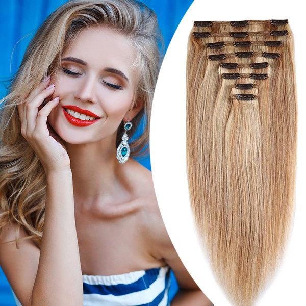 Elailite Clip-In Real Hair Extensions, 40 cm, Remy Hair Extensions for Complete Hair, 130 g, 8 Wefts, 18 Clips, Remy Hair, #18P613 Ash Blonde Mix Bleach Blonde