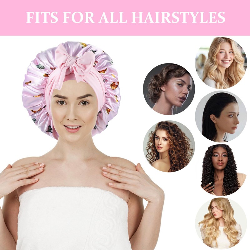 1+2 Large Butterfly Satin Bonnets with Scrunchies, Adjustable Hair Bonnets,