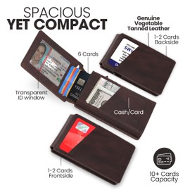 Wallet for Men - Genuine Leather RFID Blocking Wallet, Mens Minimalist Wallet, Slim Compact Wallet with ID Window, Smart Pop Up Card Wallet, Metal Aluminum Credit Card Holder Bifold Wallet (Brown)