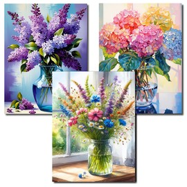 3 Pack Flowers Diamond Painting Kits for Adults, 5D Vase Diamond Art Kits for Beginner, DIY Full Drill Gem Art Kits for Home Decor Wall Art and Crafts 12x16 Inch