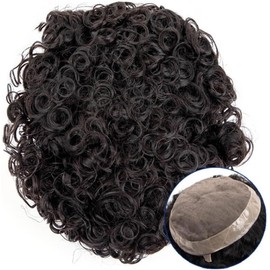 Peluca Rizada De 20 Mm, Parte Superior Fina De Monofilamento Y Tupé De PU, Cabello Indio Castaño Oscuro, Sistemas De Reemplazo De Cabello De 7"(7"x10")
