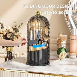 MSHOMELY Makeup Brush Holder Organizer with Lid, 360 Rotating Make up Brush Holder with Cover, Dustproof Makup Brush Storage for Vanity Bathroom Countertop, Covered Toothbrush Holder, Black