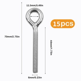 M6 Lifting Eye Bolt, 15 Pieces Heavy Eye Bolts Lifting Long Shank Lifting Eye Bolt 304 Stainless Steel Closed Weld Coil Screw Threaded Rod for Hammocks, Swing Chair Garden Boat Yacht
