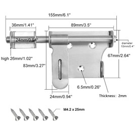 Sliding Barrel Bolt Gate Latch Lock, HLOMVE 6 Inch Heavy Duty Bolt Latch Lock with Padlock Hole, 10MM Barrel Bolt Latch Lock for Double Gate, Barn Gate Latches, Stainless Steel Brushed Finish
