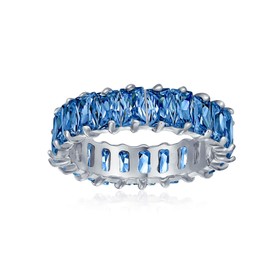Art Deco Style AAA CZ Emerald Cut Blue Simulated Sapphire Cubic Zirconia Eternity Baguette Anniversary Wedding Band Ring For Women .925 Sterling Silver 4MM