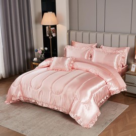 Silk Like Pink Bedding Set - Full Size, 8 Pieces, Luxury Silky Comforter with Ruffle Pattern and 1 Cushion Cover