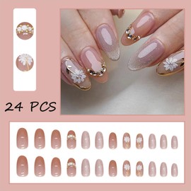 Daisies Flower Sparkly Rhinestones Press on Nails Almond Oval French Tips Fake Nails Pink Full Cover Stick on Nails with Flower Designs Rhinestone Nail Tips False Nails for Women Girls 24Pcs