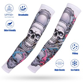 M-YOUNG UV Sun Sleeves for Men & Women Compression, Cooling Arm Sleeve with UPF 50 Protection Golf,Unique Tattoo Sleeve Gift (Mechanical Skull)
