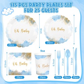 ZUQMZUQ 175PCS Baby Shower Plates and Napkin Set -Serve 25, Oh Baby Boy Shower Tableware Set Includes Blue Baby shower Paper Plates Napkins Cups Cutlery for Boy Birthday Party
