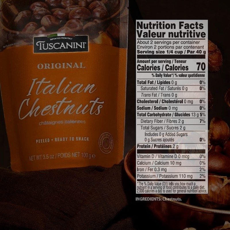 Tuscanini Premium Italian Chestnuts, 3.5oz (12Pack) | Roasted, Peeled &