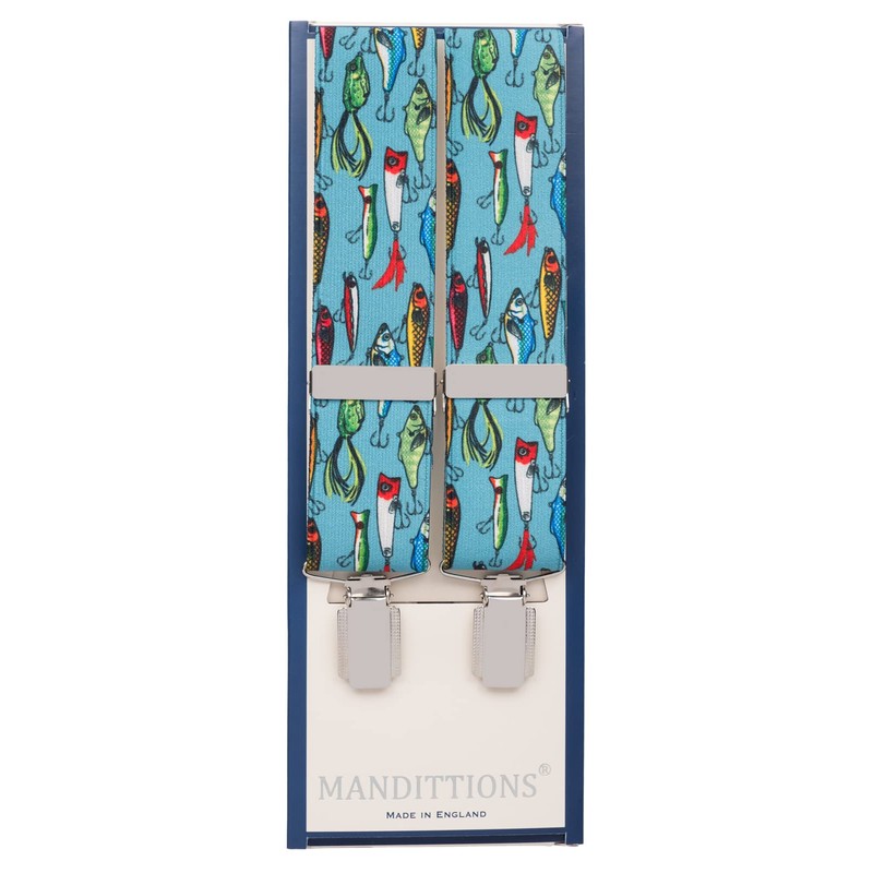 MANDITTIONS XL Colourful Blue Trouser Braces with Multi Coloured Fish