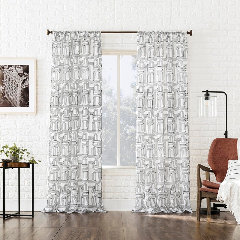 No. 918 Kaz Embroidered Retro Curves Sheer Rod Pocket Curtain