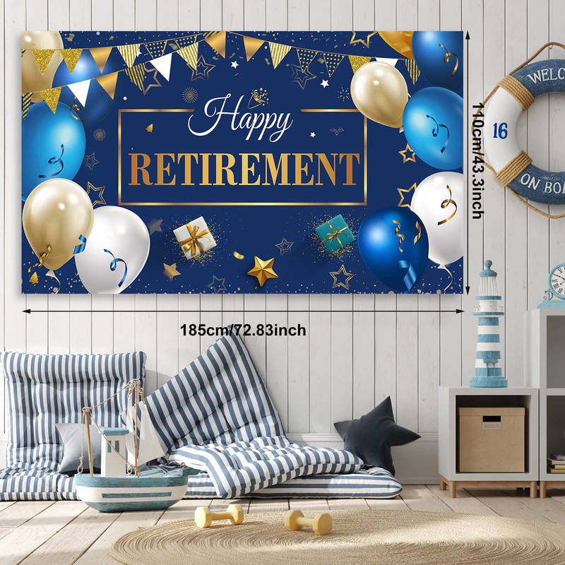 Retirement Party Decorations: Navy Blue & Gold Banner & Balloons