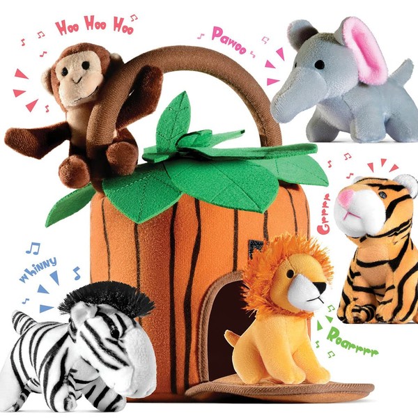 Play22 6-Piece Plush Talking Jungle Animals Set with Carrier for