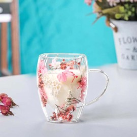 Gifts for Women Aesthetic Dried Flowers Double Wall Glass Coffee Mugs Tea Cups with Handles and Insulated Layer,for Women Best Friend Teacher Mum Christmas Birthday Gifts (Pink)