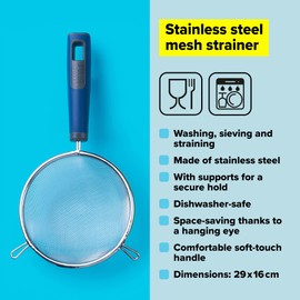 Tasty Wire Mesh Sieb with Long Handles and Support, Mesh Strainer for Washing and Sieving, Dishwasher Safe, Kitchen Gadgets, Colours: Dark Blue & Silver Stainless Steel, 678119